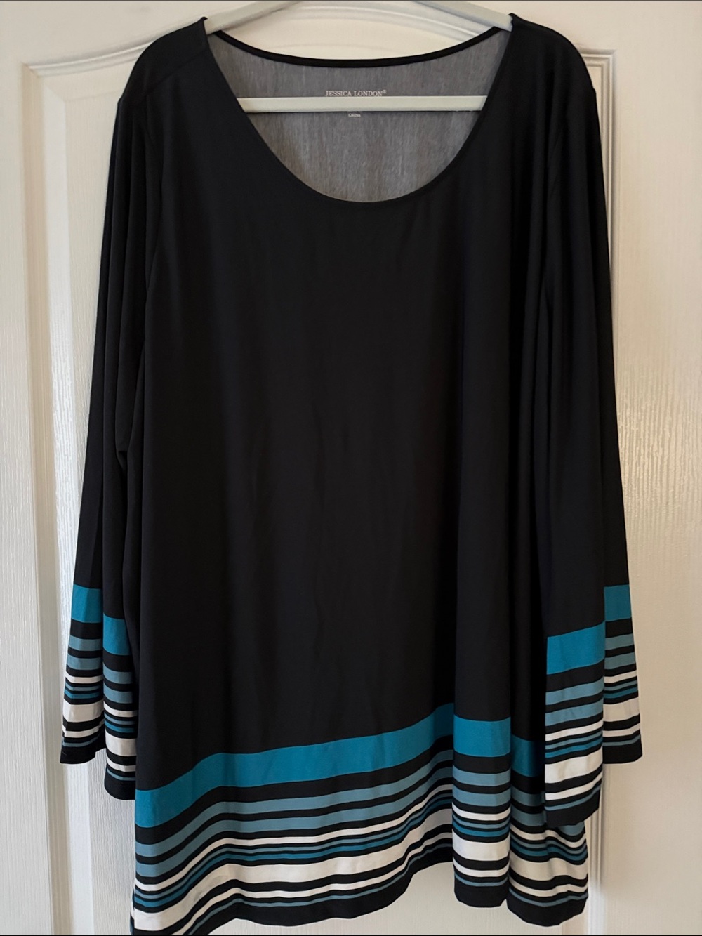 Jessica London Black Tunic with Teal and White Stripe Trim